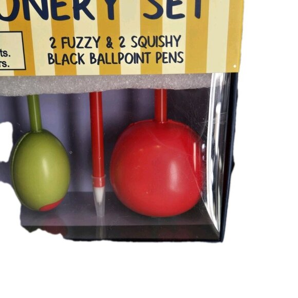 New Italian Stationery Set 2 Olive & 2 Tomato Black Ballpoint Pens Fuzzy Squishy - Picture 4 of 4